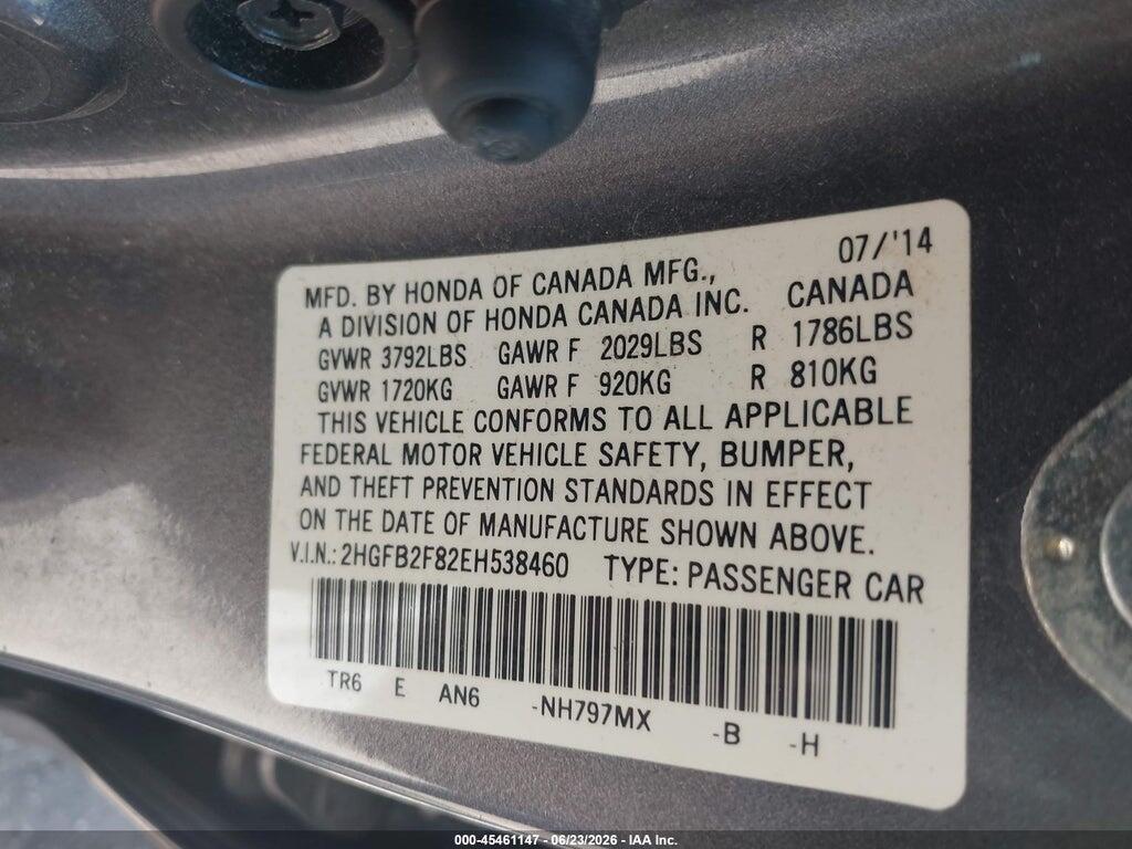 2HGFB2F82EH538460 2014 HONDA CIVIC photo no. 9
