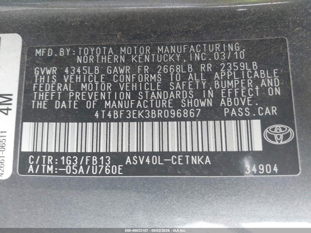 4T4BF3EK3BR096867 2011 TOYOTA CAMRY photo no. 9