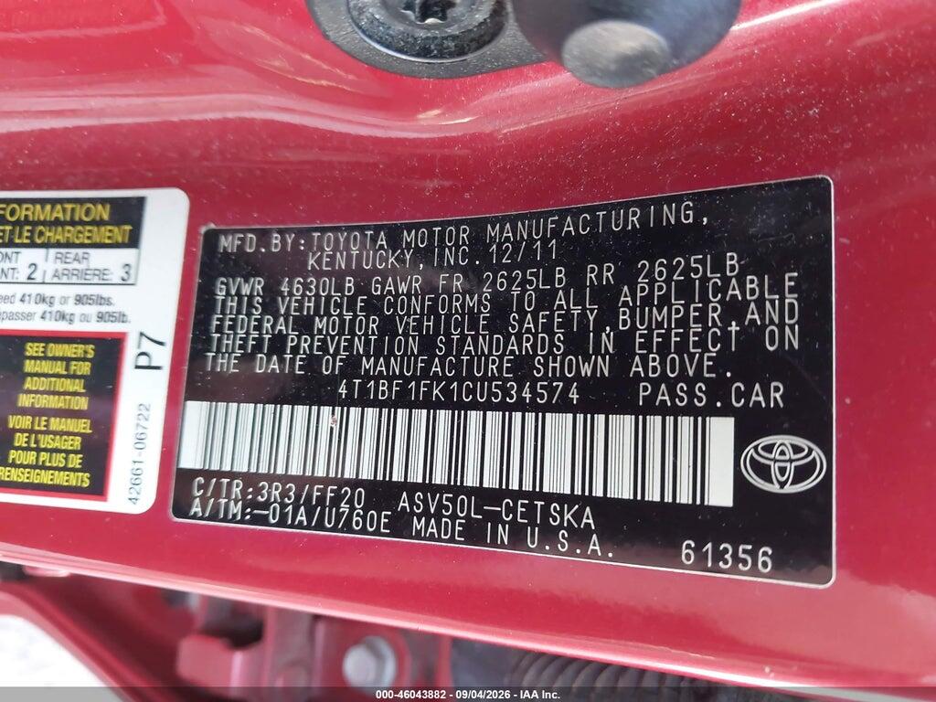 4T1BF1FK1CU534574 2012 TOYOTA CAMRY photo no. 9