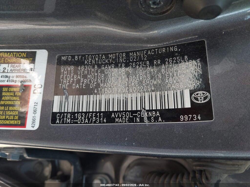 4T1BD1FK9CU012054 2012 TOYOTA CAMRY HYBRID photo no. 9