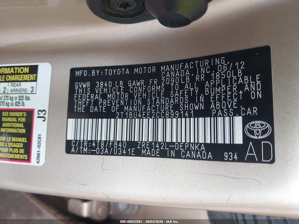 2T1BU4EE2CC899141 2012 TOYOTA COROLLA photo no. 9