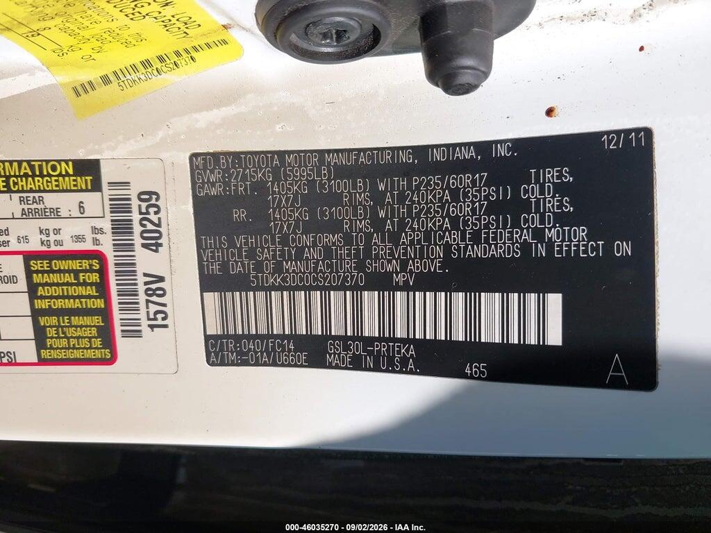 5TDKK3DC0CS207370 2012 TOYOTA SIENNA photo no. 9