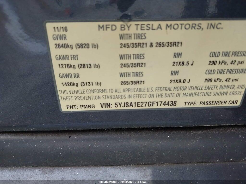 5YJSA1E27GF174438 2016 TESLA MODEL S photo no. 9