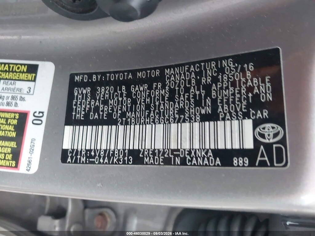 2T1BURHE6GC677538 2016 TOYOTA COROLLA photo no. 9