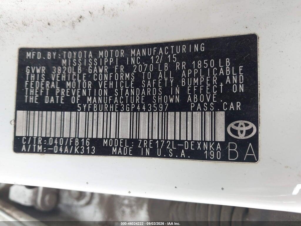 5YFBURHE3GP443597 2016 TOYOTA COROLLA photo no. 9