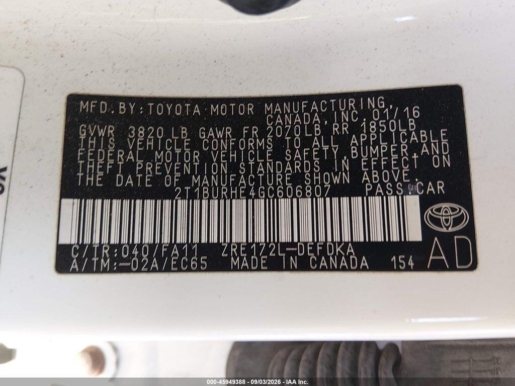 2T1BURHE4GC606807 2016 TOYOTA COROLLA photo no. 9