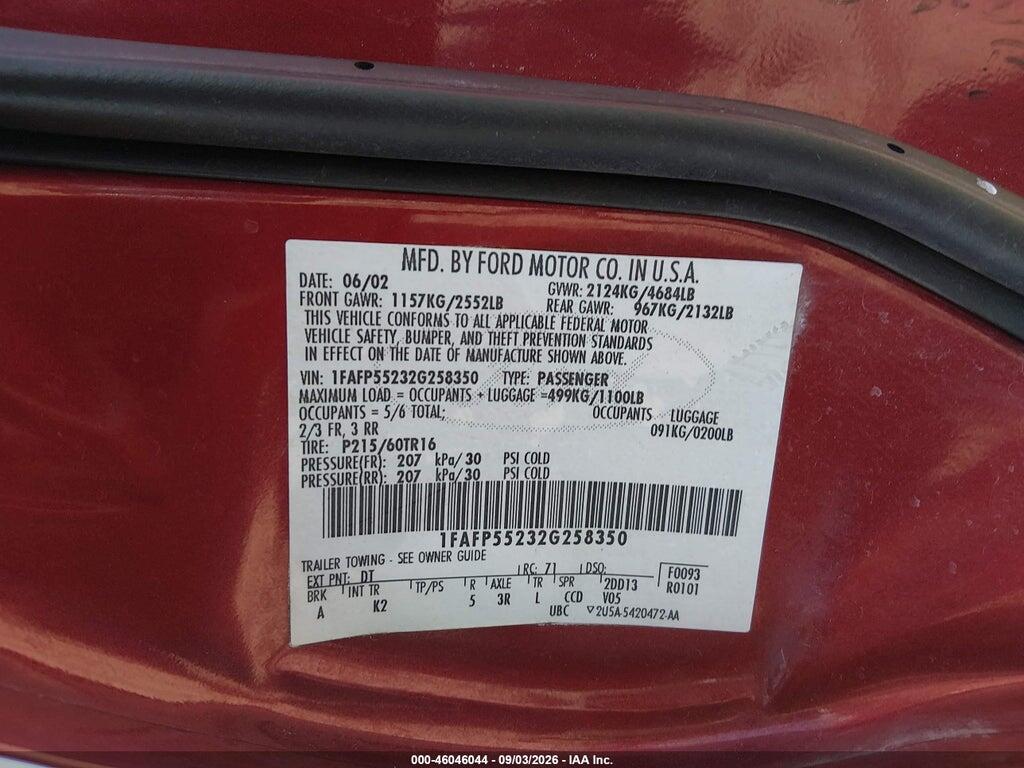 1FAFP55232G258350 2002 FORD TAURUS photo no. 9