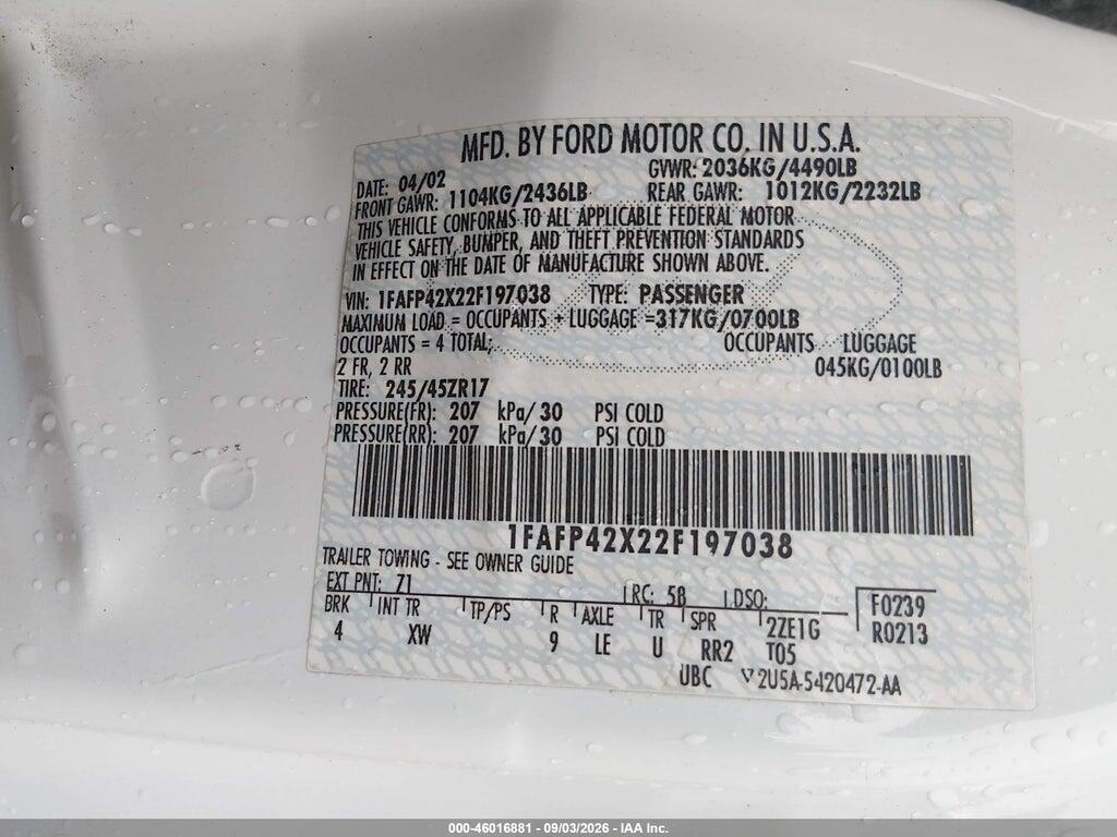 1FAFP42X22F197038 2002 FORD MUSTANG photo no. 9
