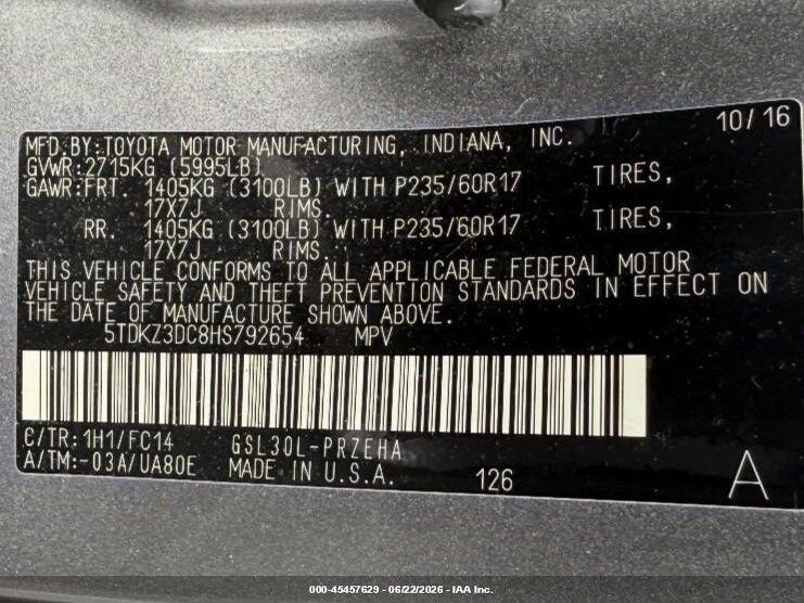 5TDKZ3DC8HS792654 2017 TOYOTA SIENNA photo no. 9
