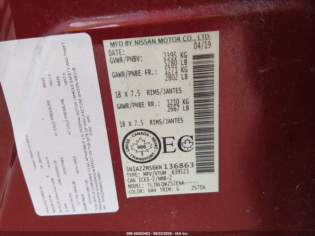 5N1AZ2MS6KN136863 2019 NISSAN MURANO photo no. 9