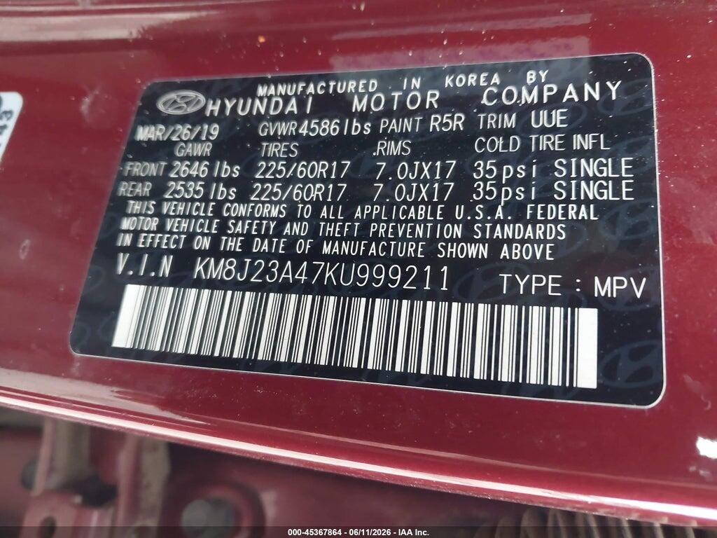 KM8J23A47KU999211 2019 HYUNDAI TUCSON photo no. 9