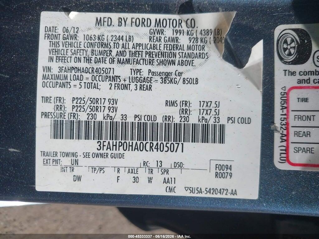3FAHP0HA0CR405071 2012 FORD FUSION photo no. 9