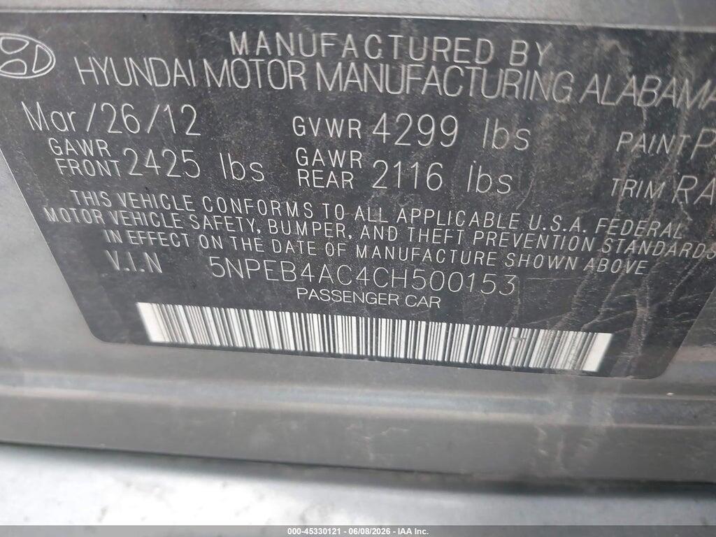 5NPEB4AC4CH500153 2012 HYUNDAI SONATA photo no. 9