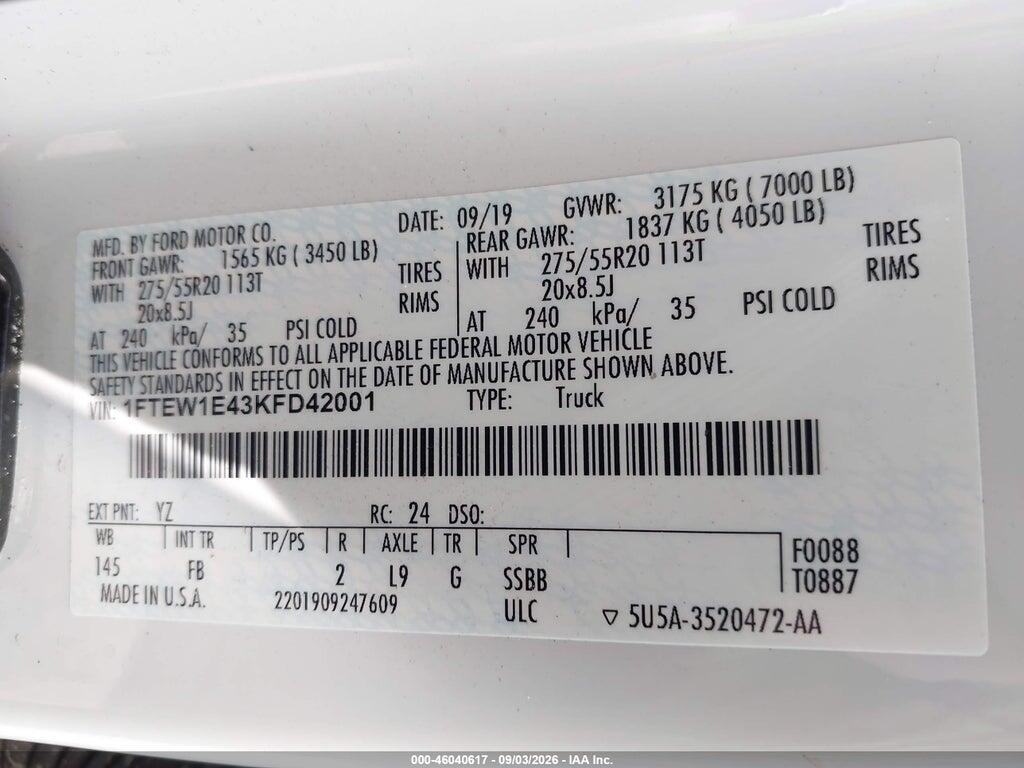 1FTEW1E43KFD42001 2019 FORD F-150 photo no. 9
