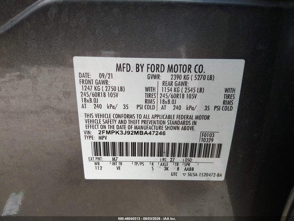 2FMPK3J92MBA47246 2021 FORD EDGE photo no. 9
