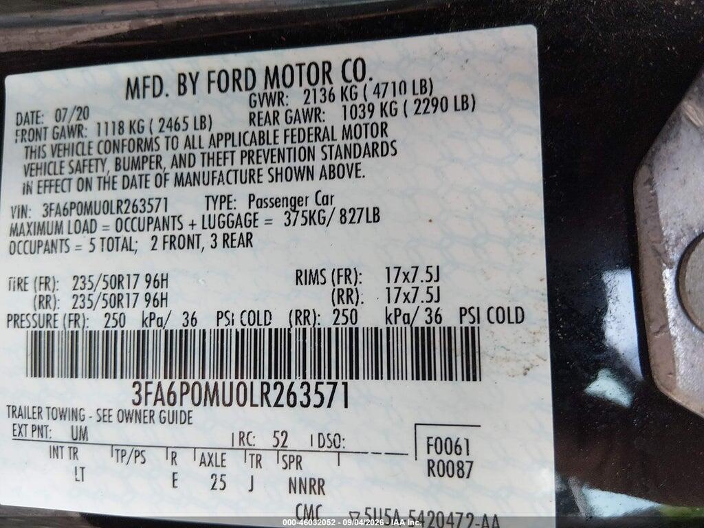 3FA6P0MU0LR263571 2020 FORD FUSION photo no. 9