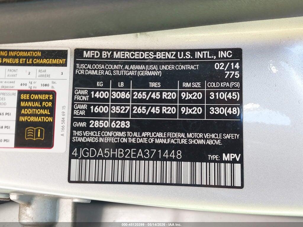 4JGDA5HB2EA371448 2014 MERCEDES-BENZ ML 350 photo no. 9