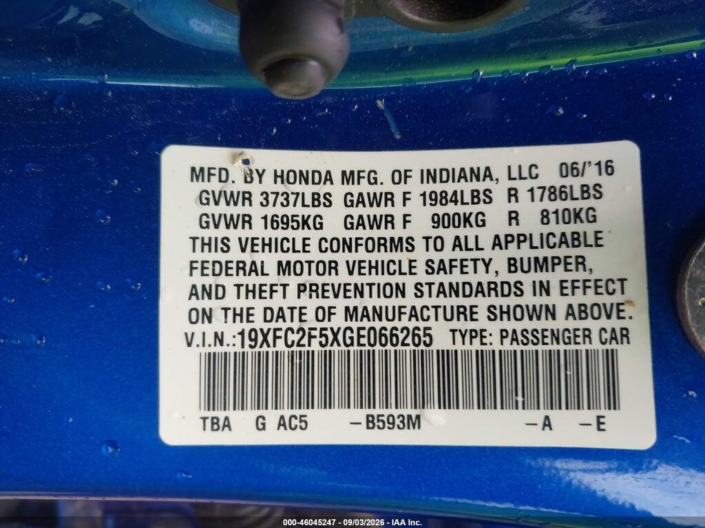19XFC2F5XGE066265 2016 HONDA CIVIC photo no. 9
