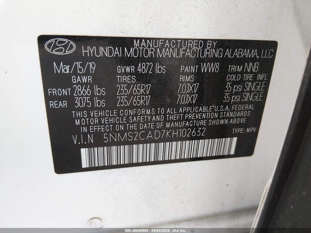 5NMS2CAD7KH102632 2019 HYUNDAI SANTA FE photo no. 9