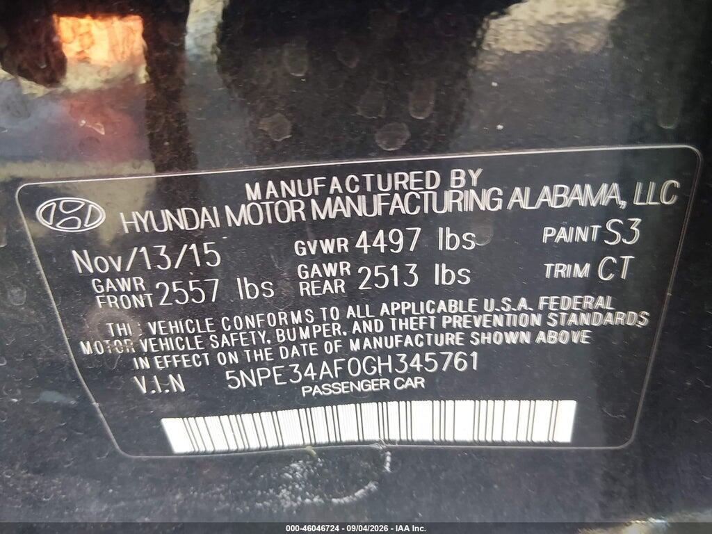 5NPE34AF0GH345761 2016 HYUNDAI SONATA photo no. 9