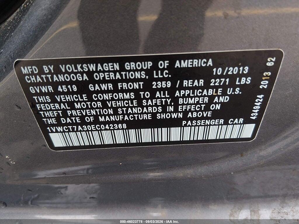 1VWCT7A30EC042368 2014 VOLKSWAGEN PASSAT photo no. 9
