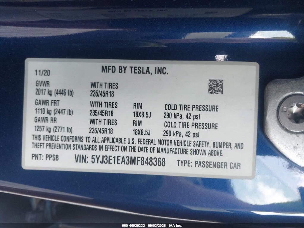 5YJ3E1EA3MF848368 2021 TESLA MODEL 3 photo no. 9