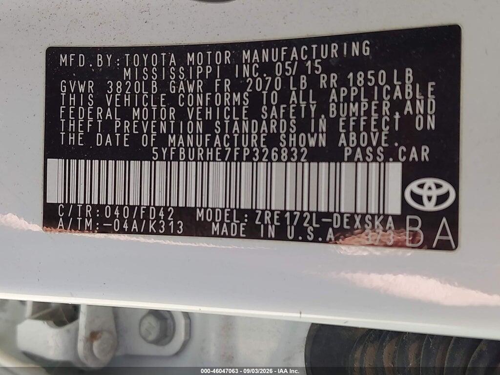 5YFBURHE7FP326832 2015 TOYOTA COROLLA photo no. 9
