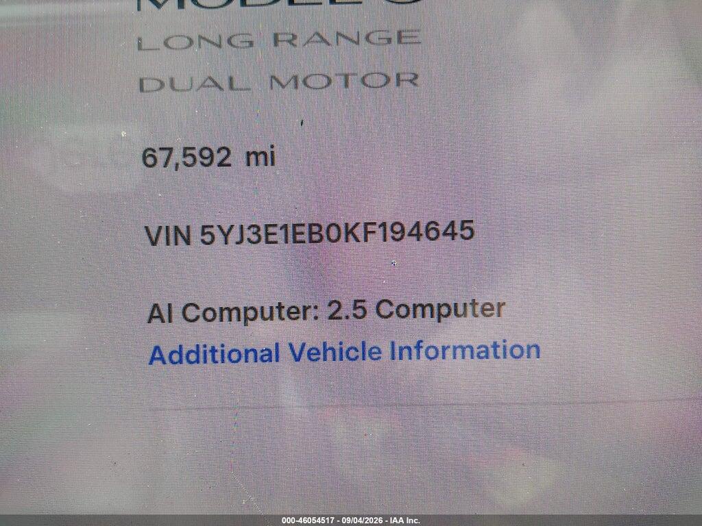 5YJ3E1EB0KF194645 2019 TESLA MODEL 3 photo no. 9