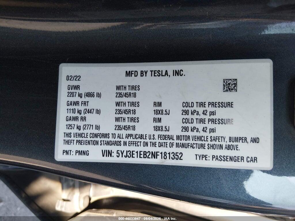 5YJ3E1EB2NF181352 2022 TESLA MODEL 3 photo no. 9