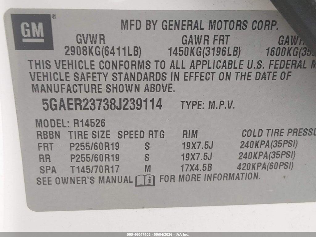 5GAER23738J239114 2008 BUICK ENCLAVE photo no. 9