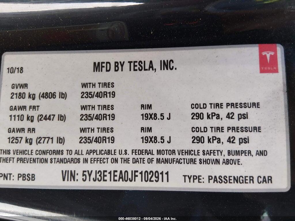 5YJ3E1EA0JF102911 2018 TESLA MODEL 3 photo no. 9