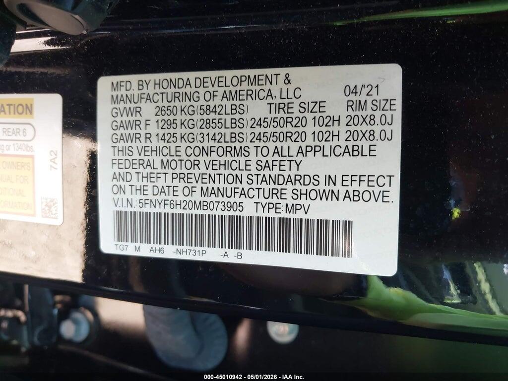 5FNYF6H20MB073905 2021 HONDA PILOT photo no. 9