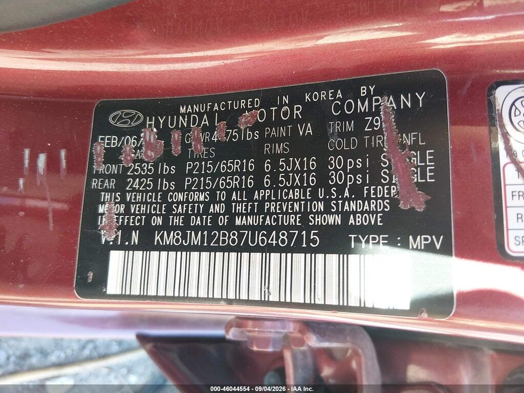 KM8JM12B87U648715 2007 HYUNDAI TUCSON photo no. 9