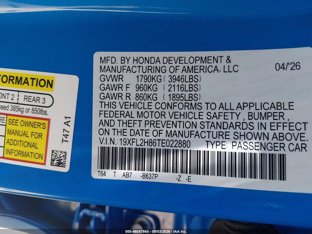19XFL2H86TE022880 2026 HONDA CIVIC photo no. 9