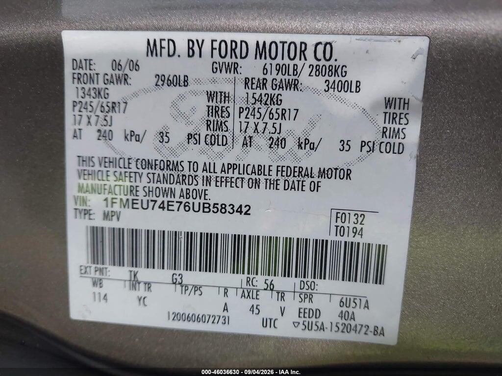 1FMEU74E76UB58342 2006 FORD EXPLORER photo no. 9