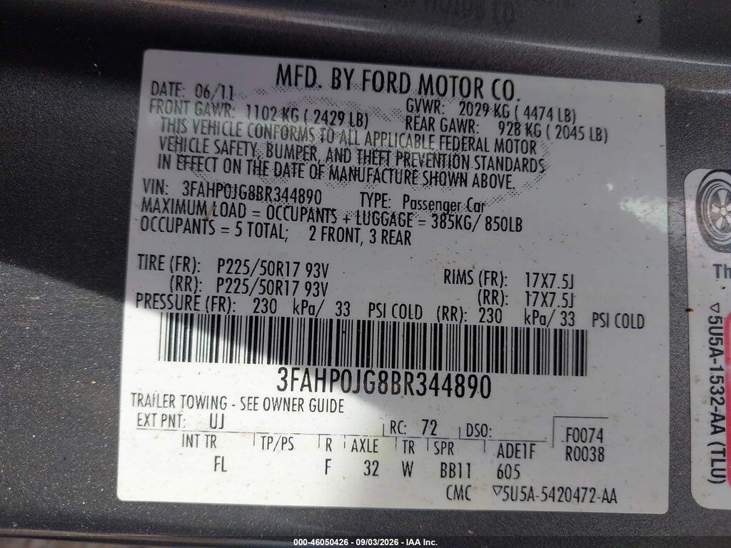 3FAHP0JG8BR344890 2011 FORD FUSION photo no. 9