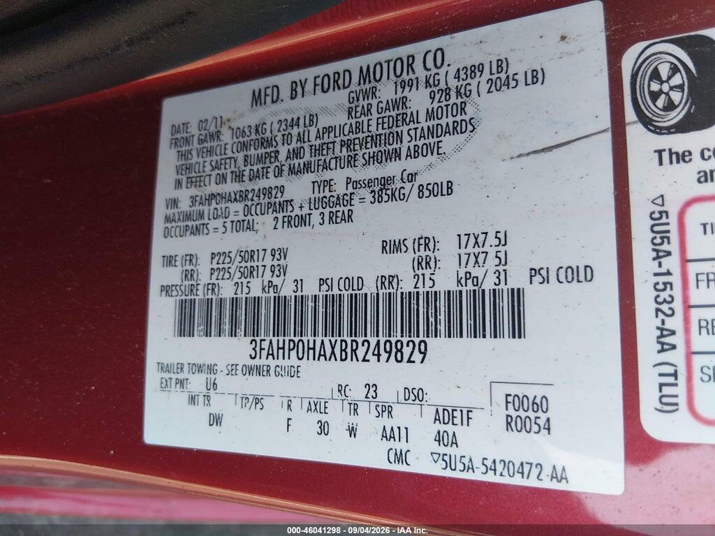 3FAHP0HAXBR249829 2011 FORD FUSION photo no. 9