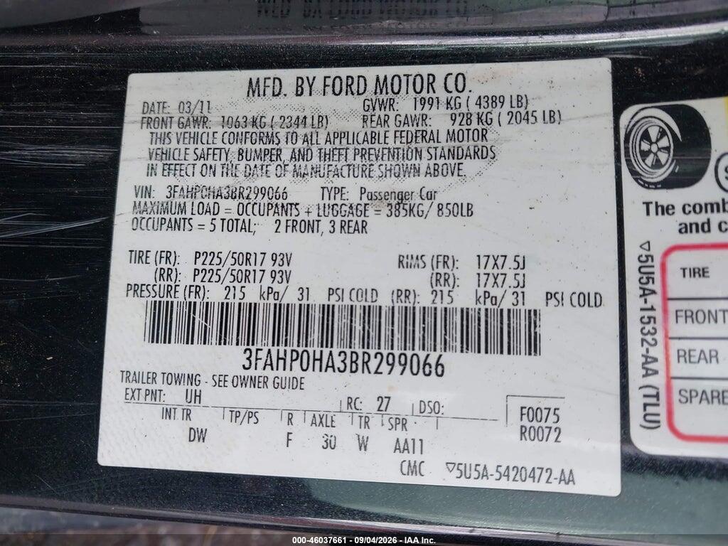 3FAHP0HA3BR299066 2011 FORD FUSION photo no. 9