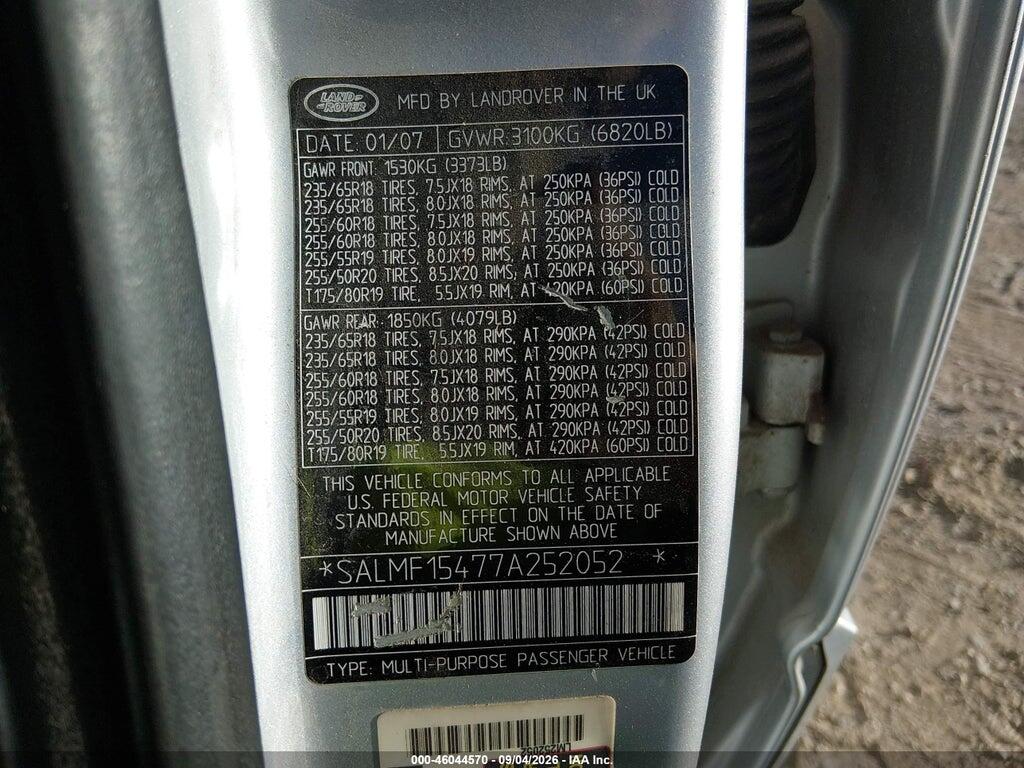 SALMF15477A252052 2007 LAND ROVER RANGE ROVER photo no. 9