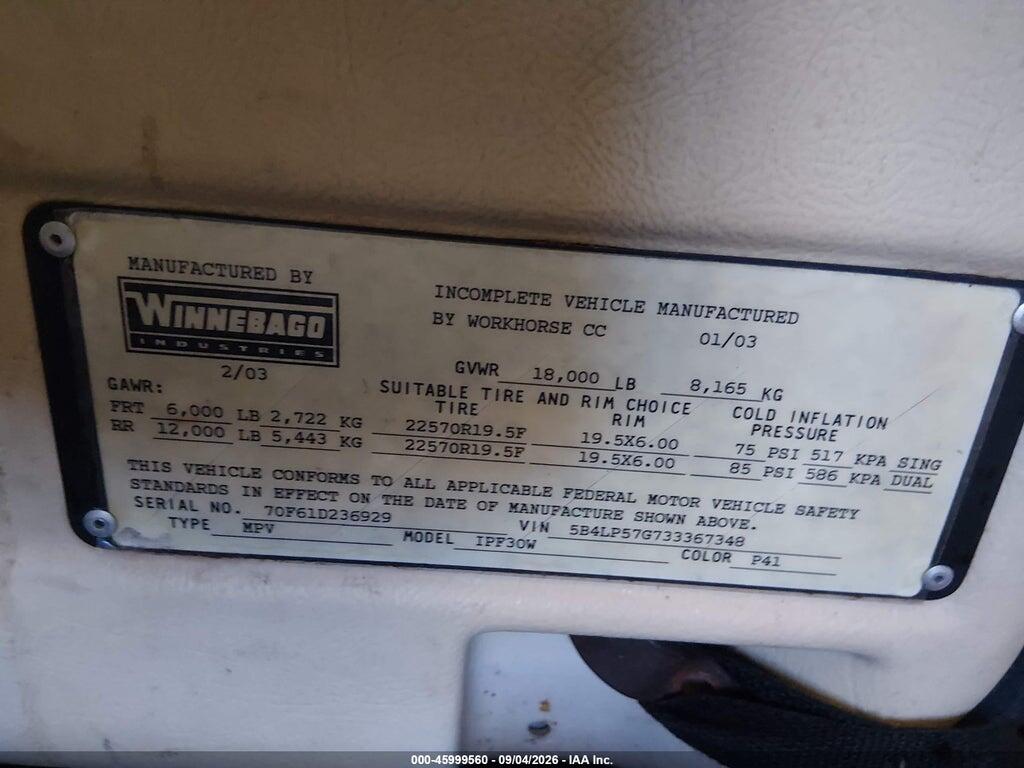 5B4LP57G733367348 2003 WORKHORSE CUSTOM CHASSIS MOTORHOME CHASSIS photo no. 9