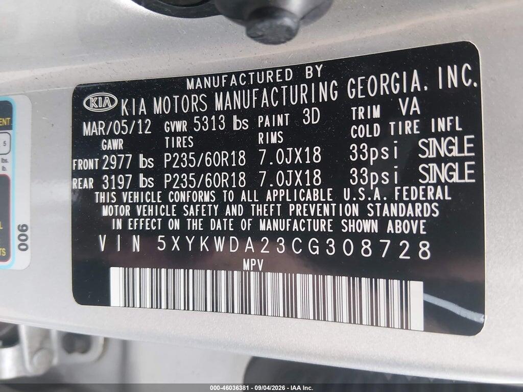 5XYKWDA23CG308728 2012 KIA SORENTO photo no. 9