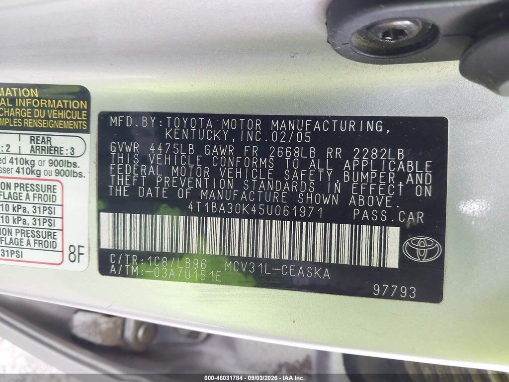 4T1BA30K45U061971 2005 TOYOTA CAMRY photo no. 9