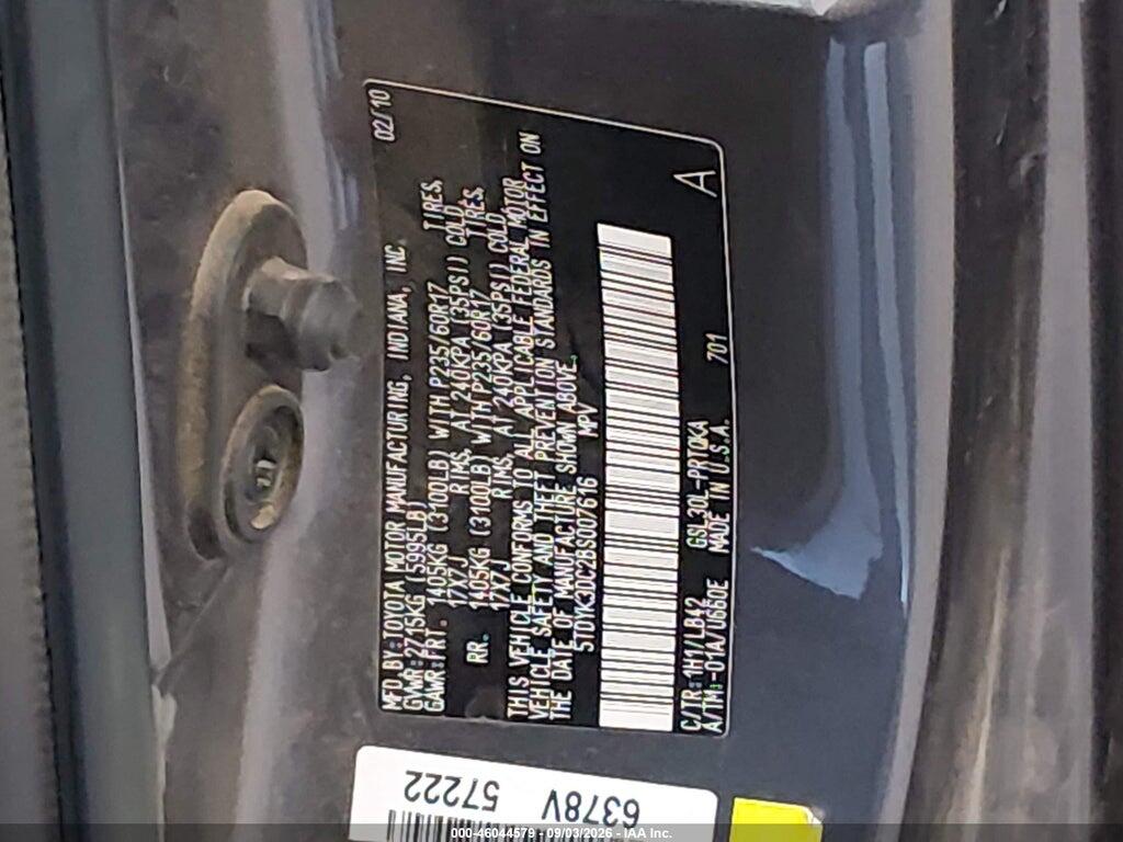 5TDYK3DC2BS007616 2011 TOYOTA SIENNA photo no. 9