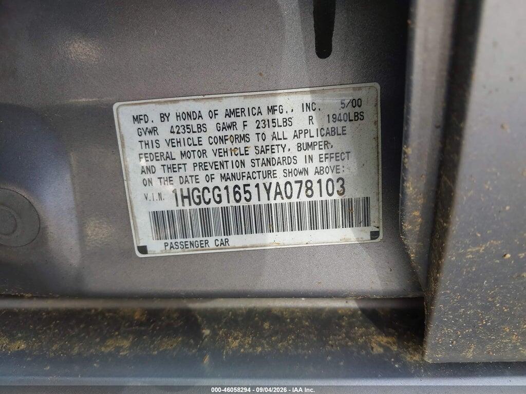 1HGCG1651YA078103 2000 HONDA ACCORD photo no. 9