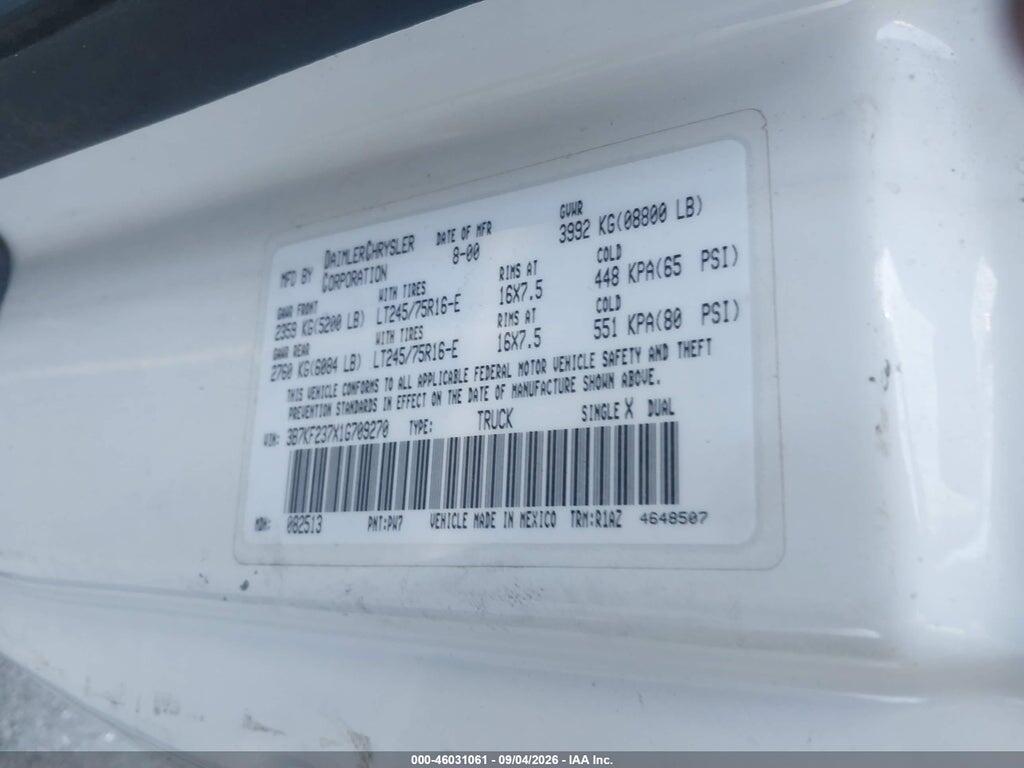 3B7KF237X1G709270 2001 DODGE RAM 2500 photo no. 9