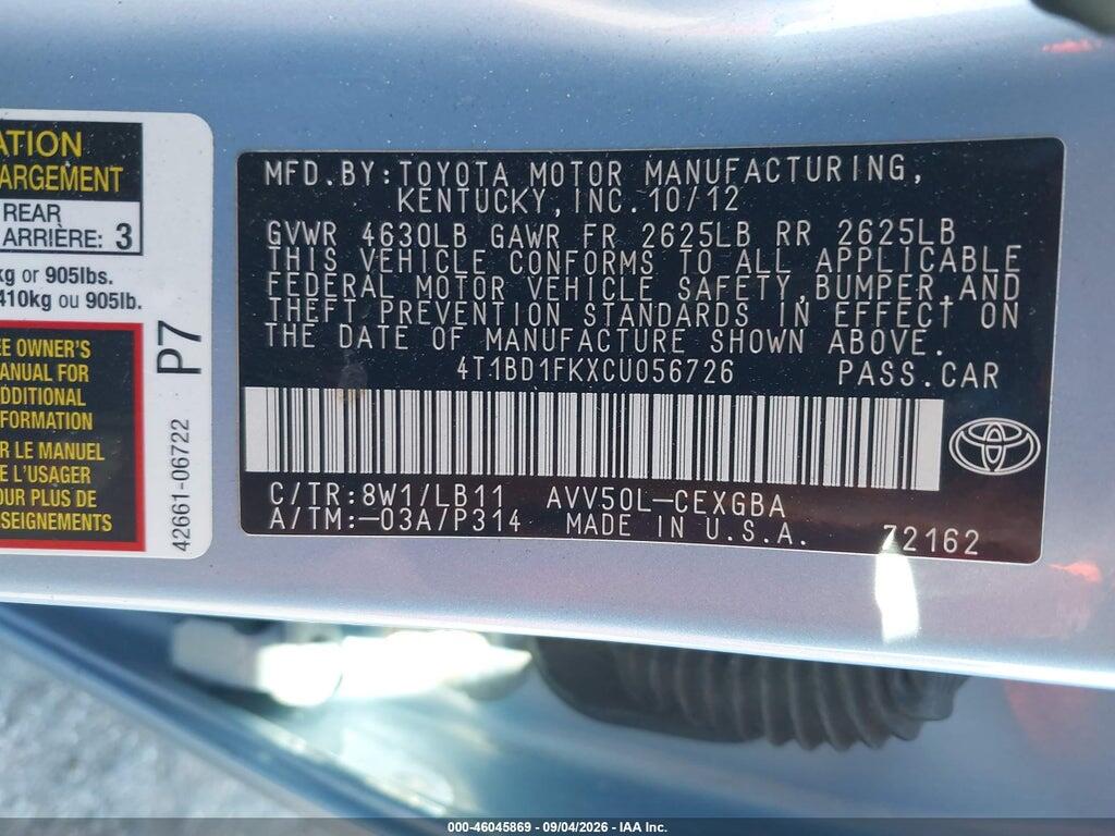 4T1BD1FKXCU056726 2012 TOYOTA CAMRY HYBRID photo no. 9
