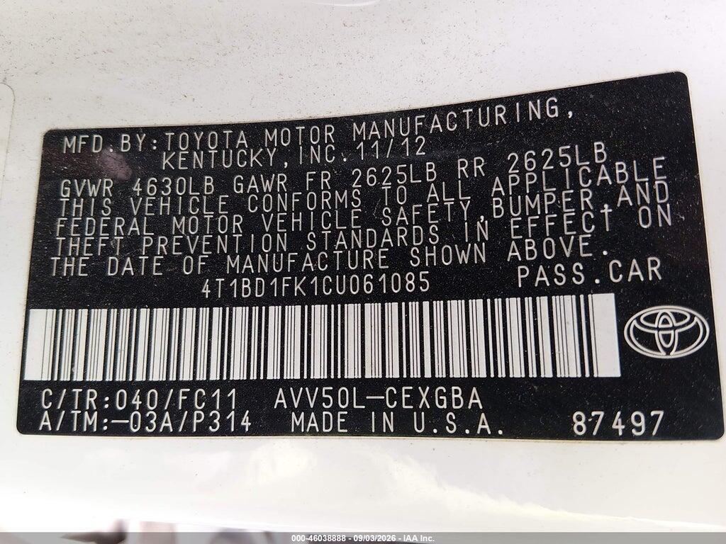 4T1BD1FK1CU061085 2012 TOYOTA CAMRY HYBRID photo no. 9