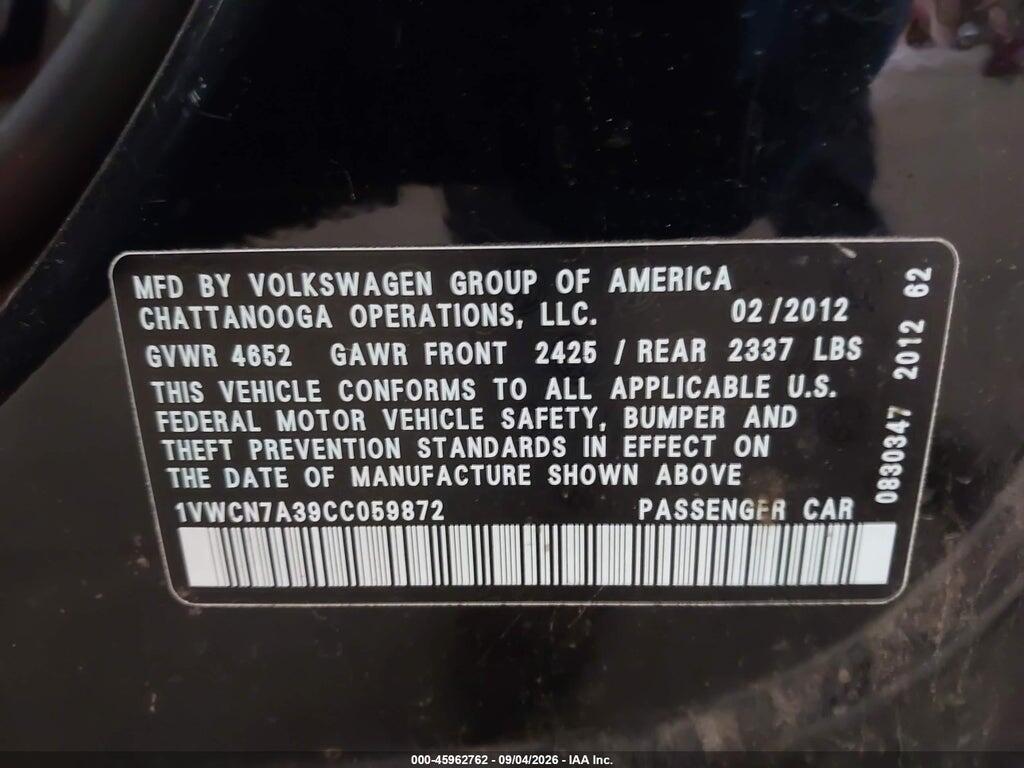 1VWCN7A39CC059872 2012 VOLKSWAGEN PASSAT photo no. 9