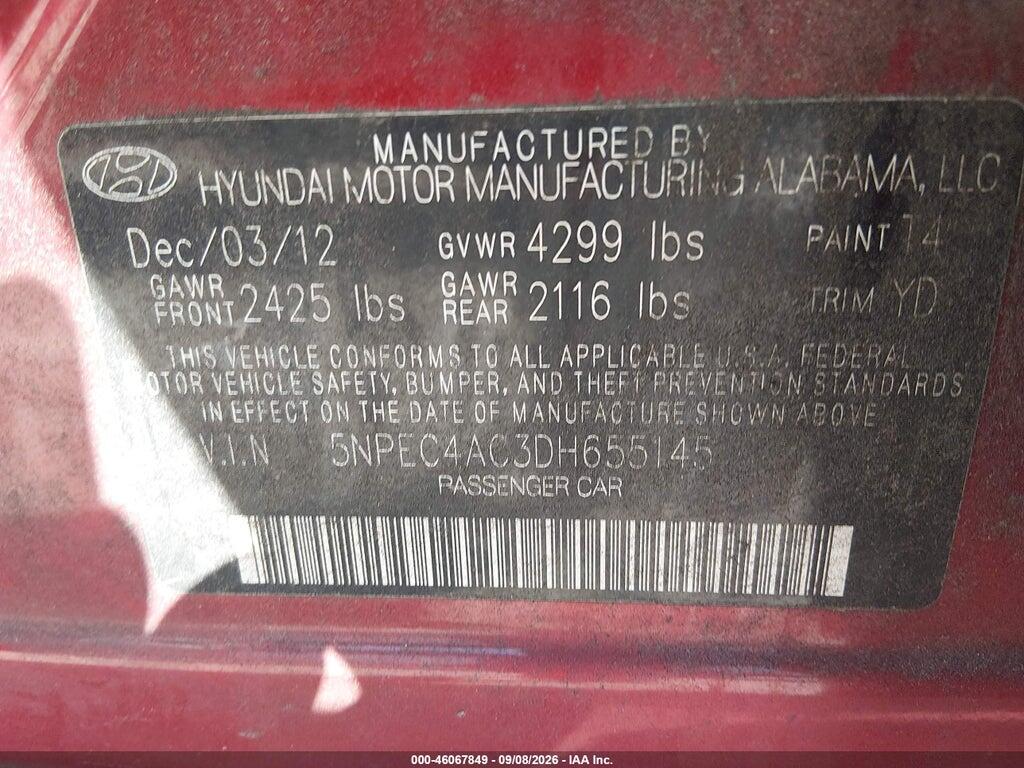 5NPEC4AC3DH655145 2013 HYUNDAI SONATA photo no. 9
