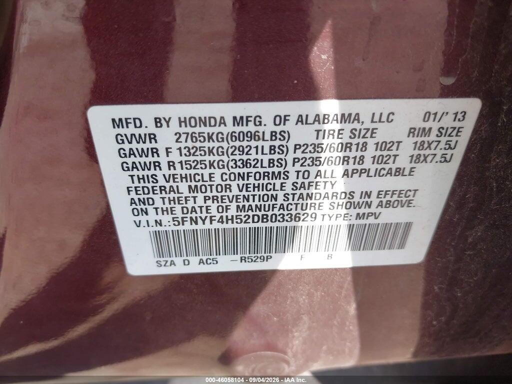 5FNYF4H52DB033629 2013 HONDA PILOT photo no. 9